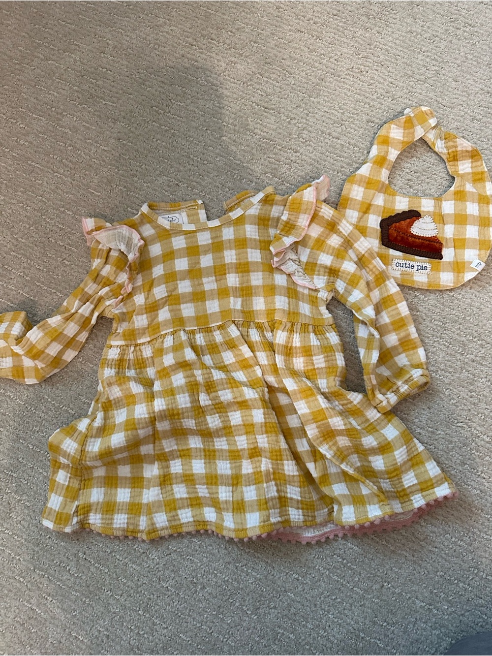 Mud Pie Yellow and White Gingham Dress with Pie Applique Bib